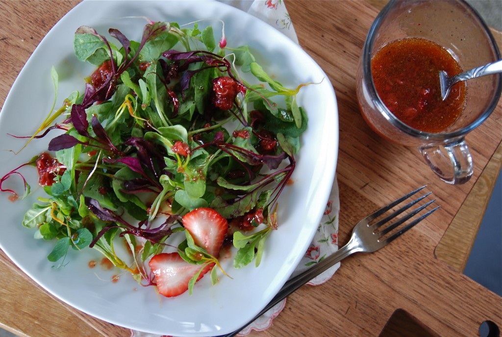 strawberry balsamic vinaigrette on microgreens ~~ kate in the kitchen